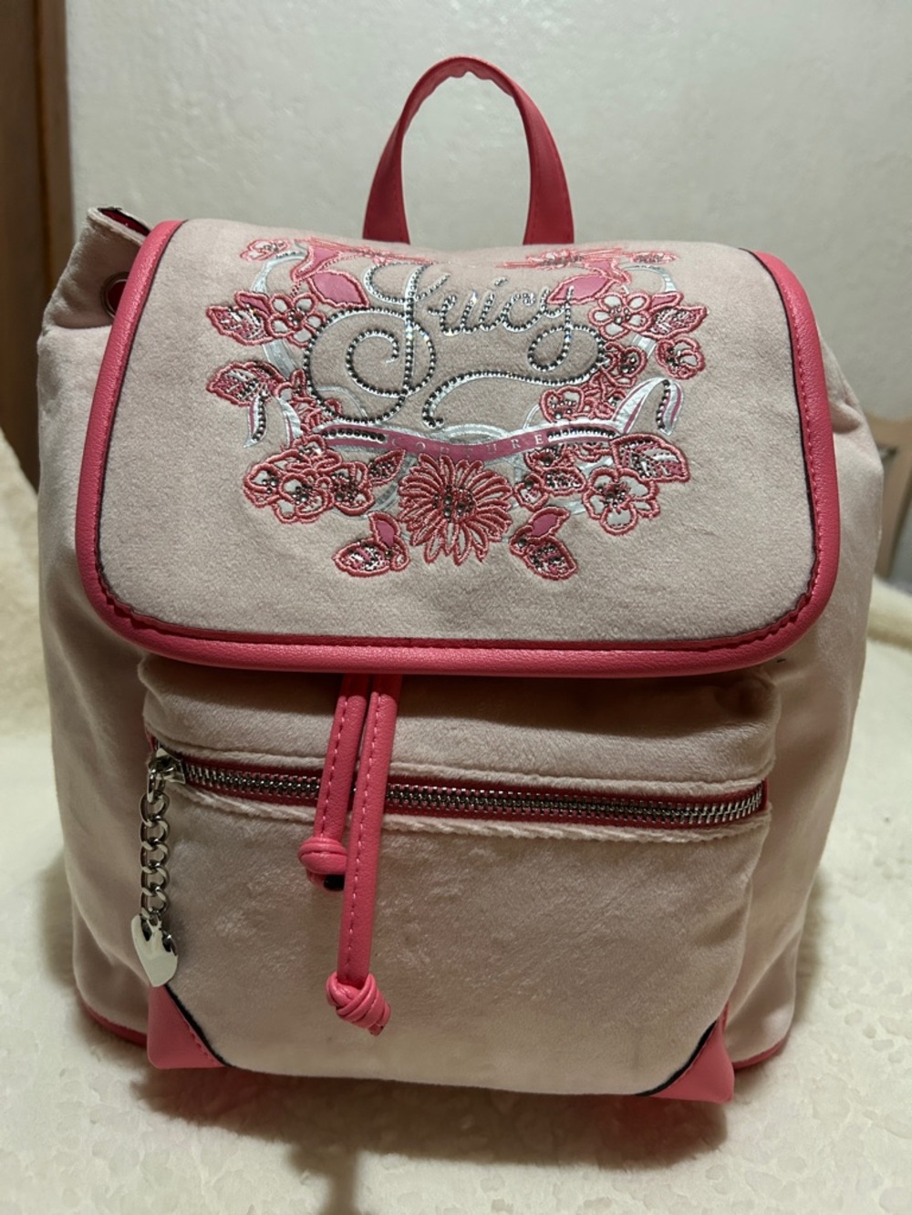 Juicy Couture Floral Embroidered Backpack Powder Blush Rhinestones Drawstring.